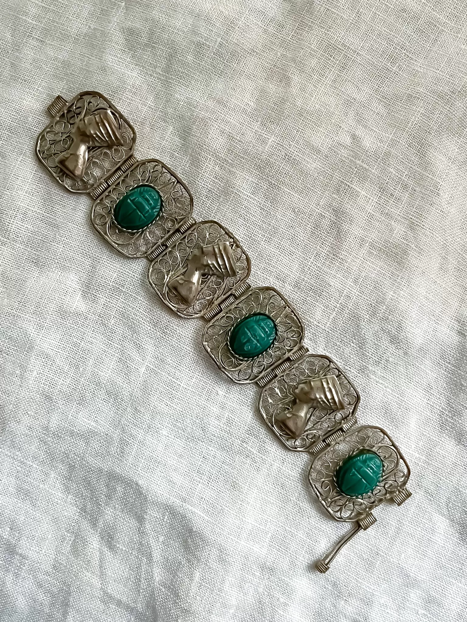 Amazing 1920's Egyptian Revival Nefertiti & Scarab Beetle Bracelet