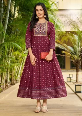 Appealing Maroon Color Rayon Foil Print Anarkali Gown With  Embroidery Work