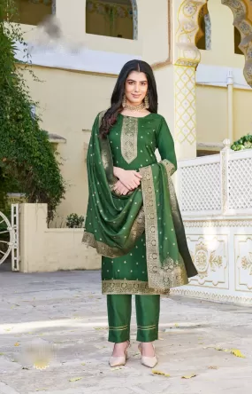 Attractive Green Color Designer Jacquard And Khatli Work Salwar Suits With Dupatta For Women