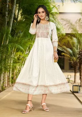 Attractive White Color Rayon Foil Print Anarkali Gown With  Embroidery Work