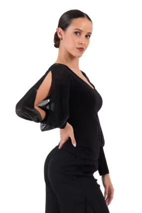 Black Top With Long Striped Lamé Split Sleeves