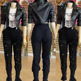 Crop Faux Leather Jacket (Black)