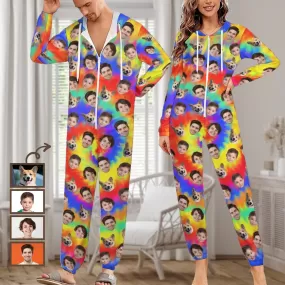 Custom Face Rainbow Unisex Adult Hooded Onesie Jumpsuits with Pocket Personalized Zip One-piece Pajamas