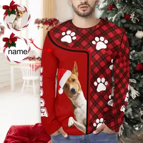 Custom Photo&Name Men's Full Print Long Sleeve T-Shirt with Pet Paw Print Red Lattice Create Your Own Personalized All Over Print T-shirt