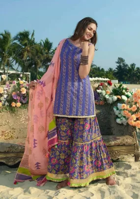 Elegant Violet And Peach Color Designer Kurti With Embroidery Work And Sharara Pant