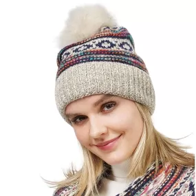 Ethnic Patterned Knit Pom Pom Beanie Hat