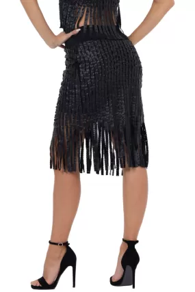 Fringed Faux Leather Striped Bodycon Skirt