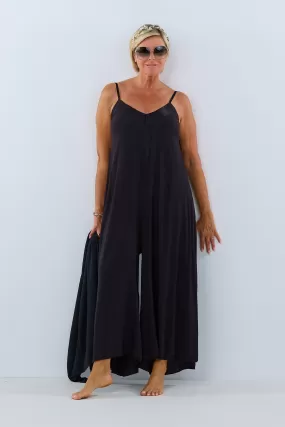 Jumpsuit mit glänzendem V-Ausschnitt, schwarz