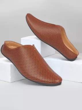 Men Tan Back Open Perforated Design Ethnic Party Wedding Mules Slip On Shoes