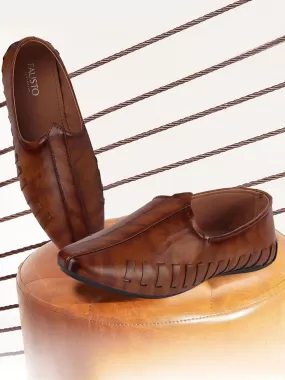 Men Tan Ethnic Slip-On Stitched Jutis & Mojaris