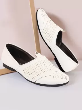 Men White Laser Cut Knitted Design Ethnic Wedding Broad Feet Slip On Juttis and Mojaris