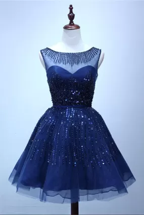 Navy Blue A Line Sheer Neck Sleeveless Deep V Back Sequins Beading Short Homecoming Dresses