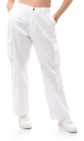 O169943 White Cotton Solid Fly Zip Buttoned Trousers