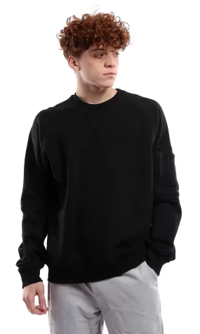 O176384 Black Ribbed Sleeves Slip On Casual Sweatshirt