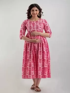 Pink Printed Cotton Maternity Dress Gown