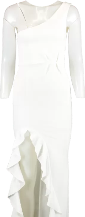 PrettyLittleThing White One Shoulder Ruffle Hem Maxi Dress UK 10