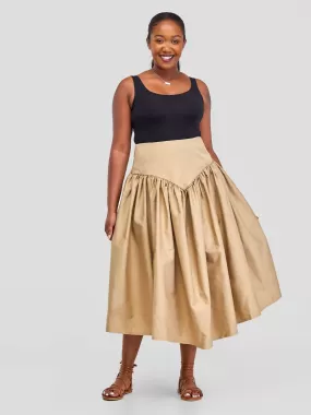 Pure Buxom Drop Waist Midi Skirt - Brown