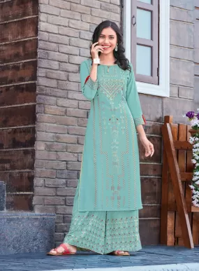 Sea Green Rayon Printed Womens Kurti With Palazzo Pant