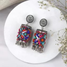 Teejh Ganavi Pink and Orange Stone Silver Oxidised Earring