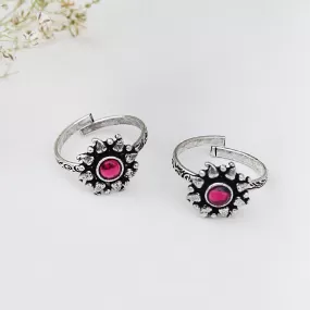 Teejh Miraya Pink  Stone Silver Oxidised Toe Rings