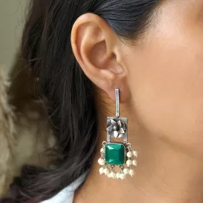 Teejh Vrinda Green Stone Silver Oxidised Earrings