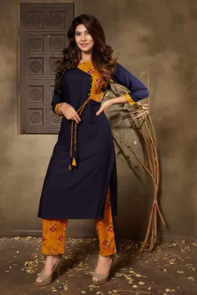 Trendy Mustard And Blue Slub Rayon Kurti With Pencil Pants