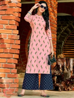 Trendy Rayon Pink Printed Kurti And Pink Printed Palazzo Pants