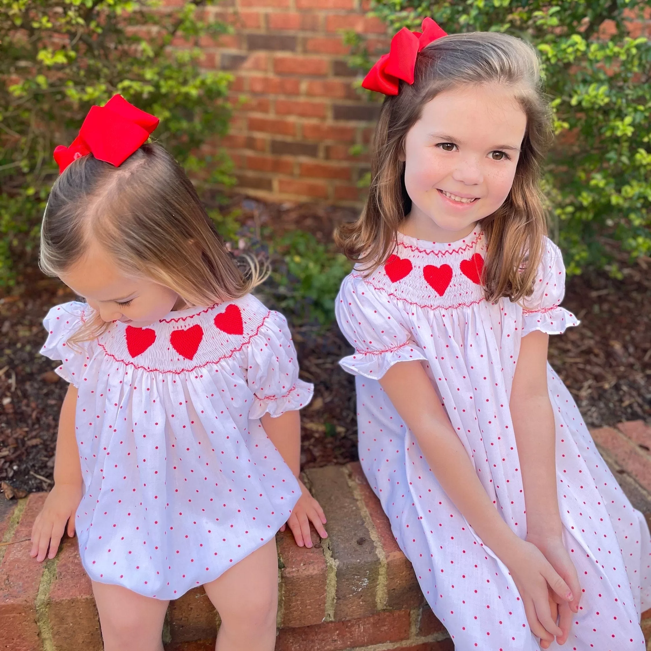 Valentine Smocked Dress - Red hearts on Polka Dots