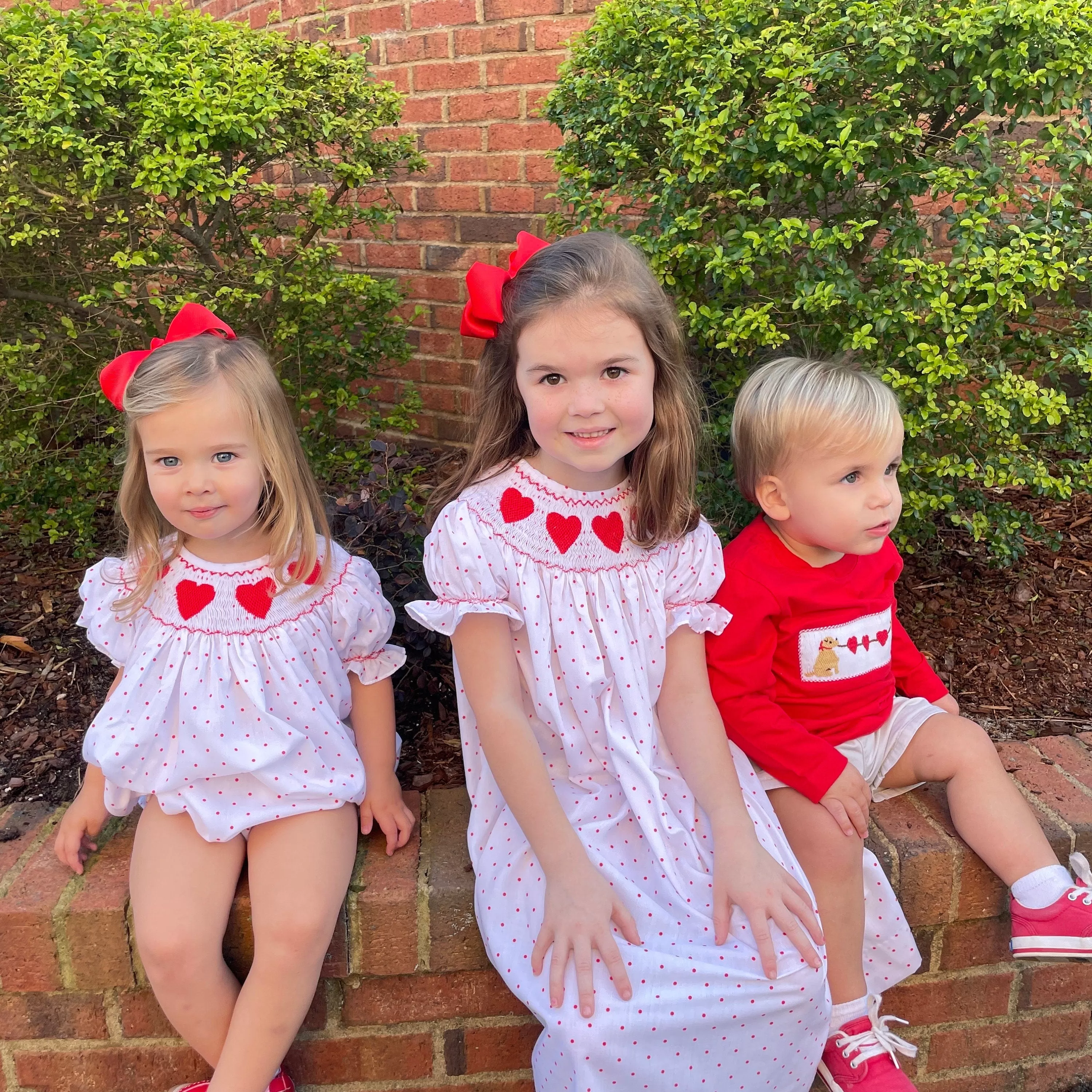 Valentine Smocked Dress - Red hearts on Polka Dots