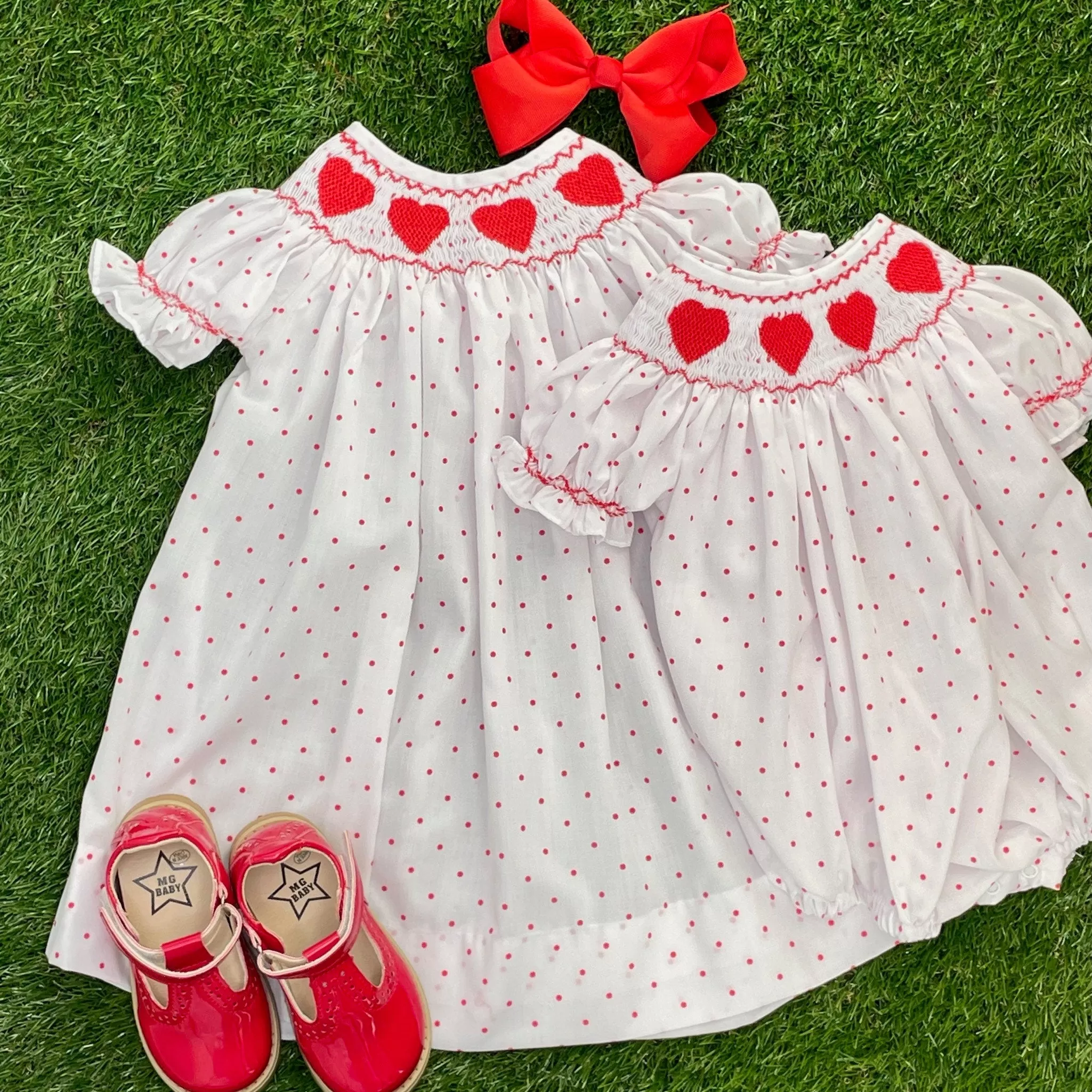 Valentine Smocked Dress - Red hearts on Polka Dots