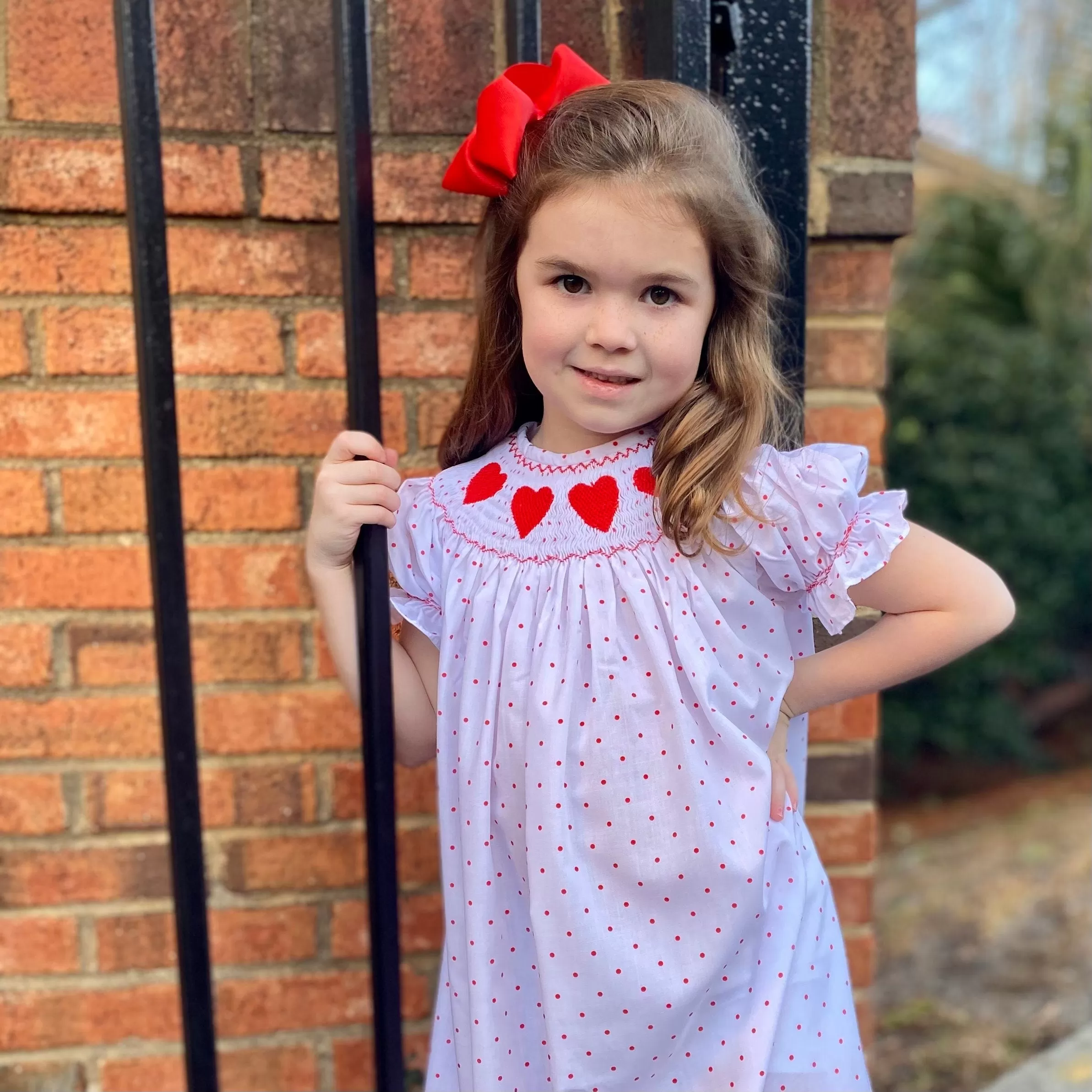 Valentine Smocked Dress - Red hearts on Polka Dots