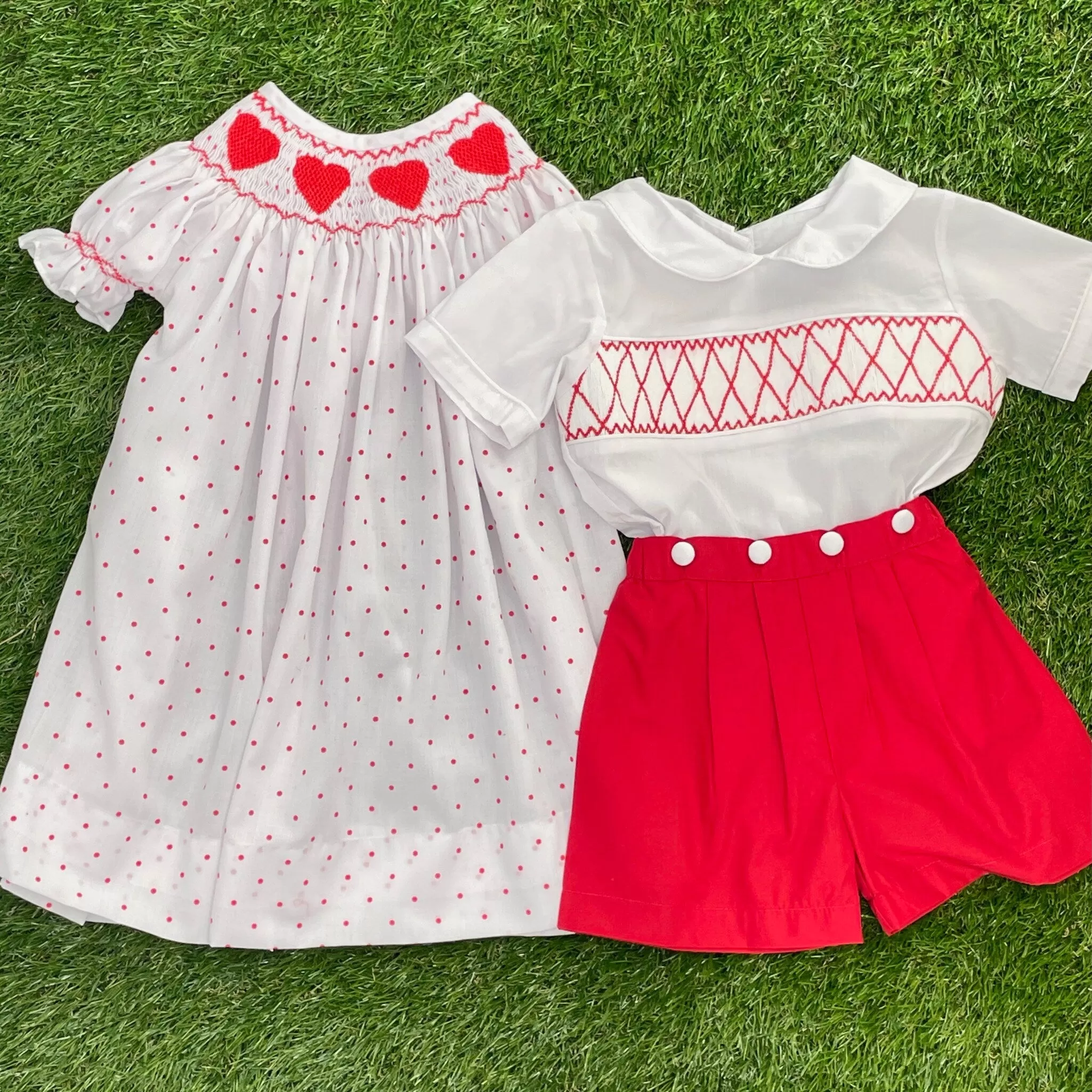 Valentine Smocked Dress - Red hearts on Polka Dots