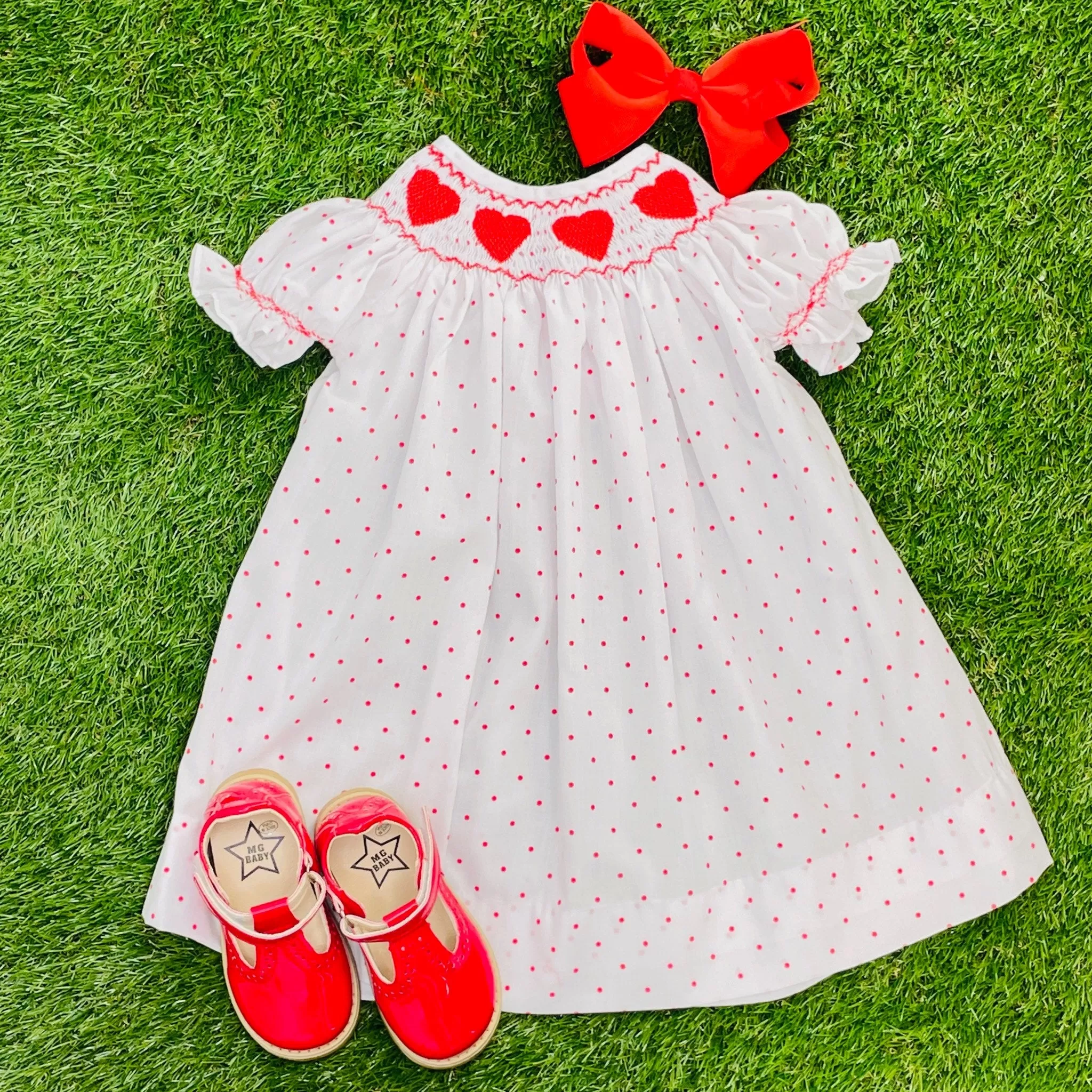 Valentine Smocked Dress - Red hearts on Polka Dots