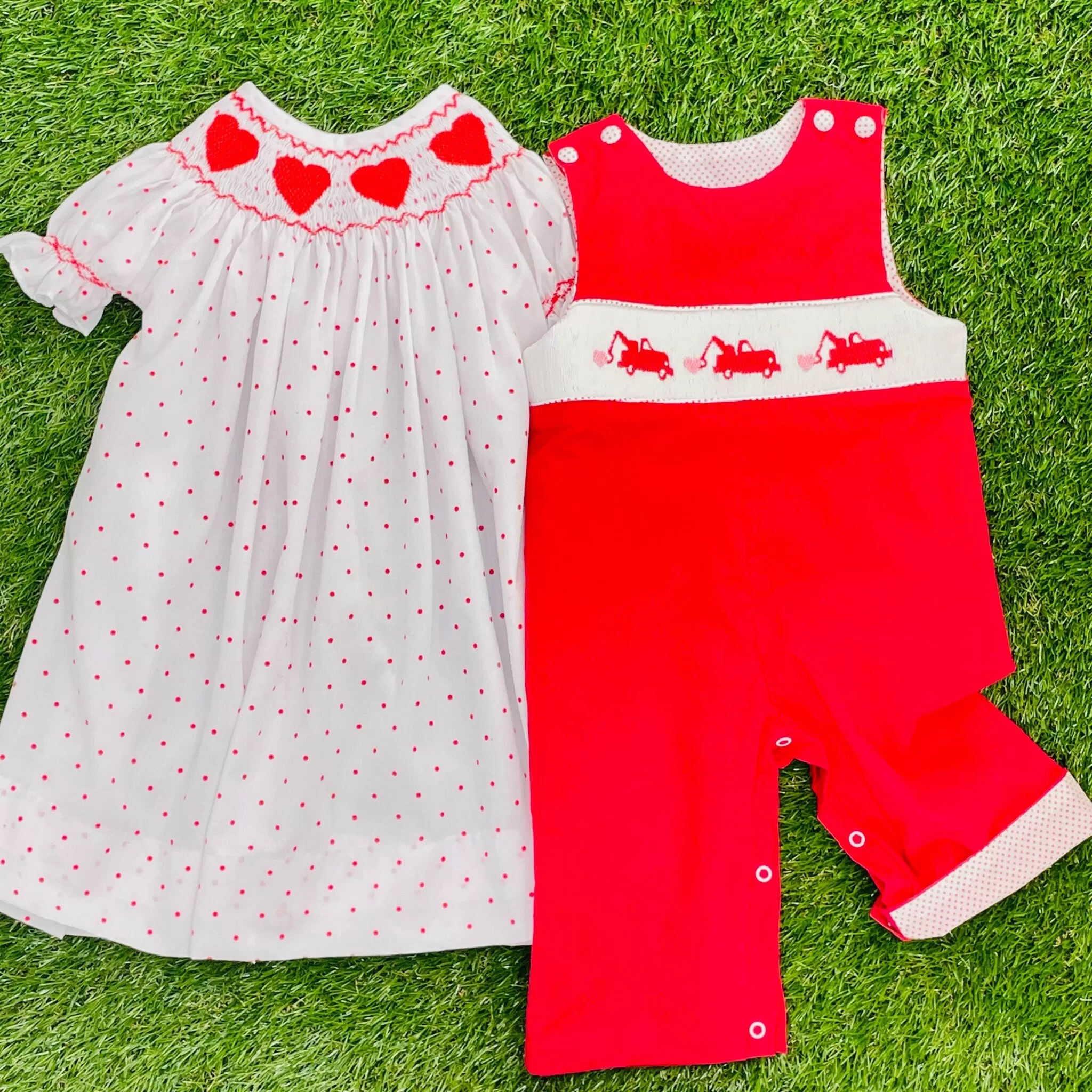 Valentine Smocked Dress - Red hearts on Polka Dots